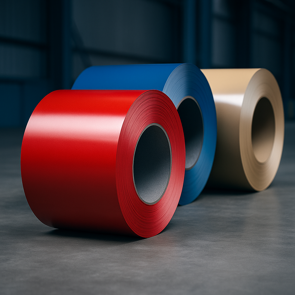Pre-Painted Galvanized Iron (PPGI) 1 Pre-Painted Galvanized Iron (PPGI) coils in red, blue, and beige color displayed in a steel warehouse