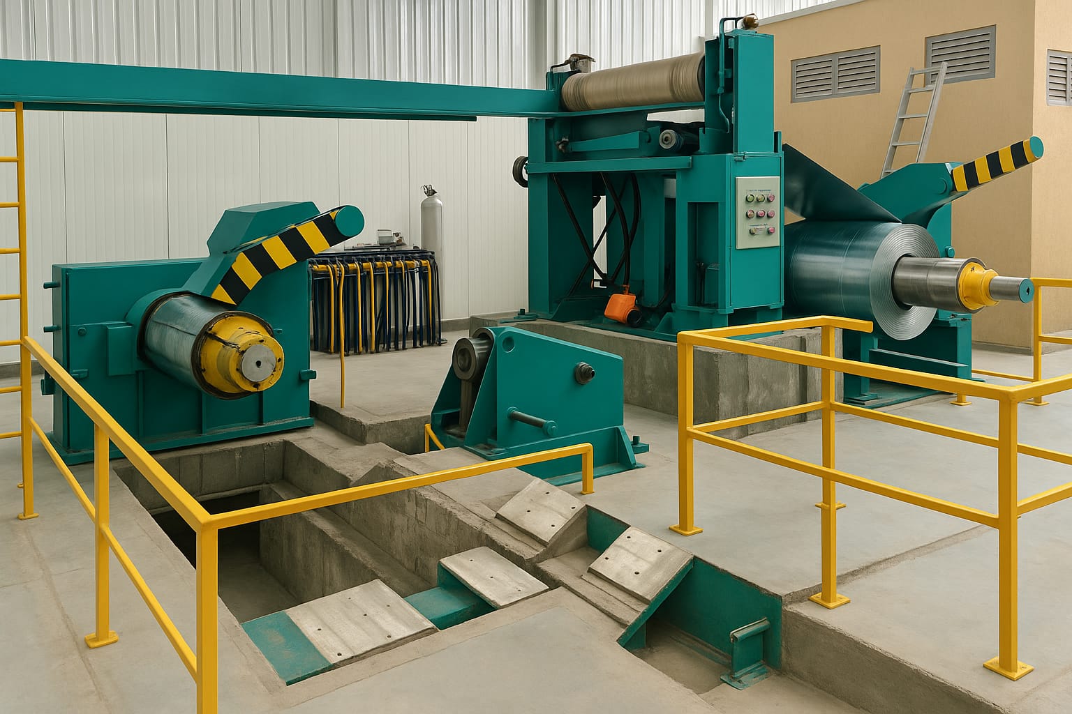 Pre-Painted Galvanized Iron (PPGI) 3 Dual-head uncoiler machine feeding PPGI steel coil into production line