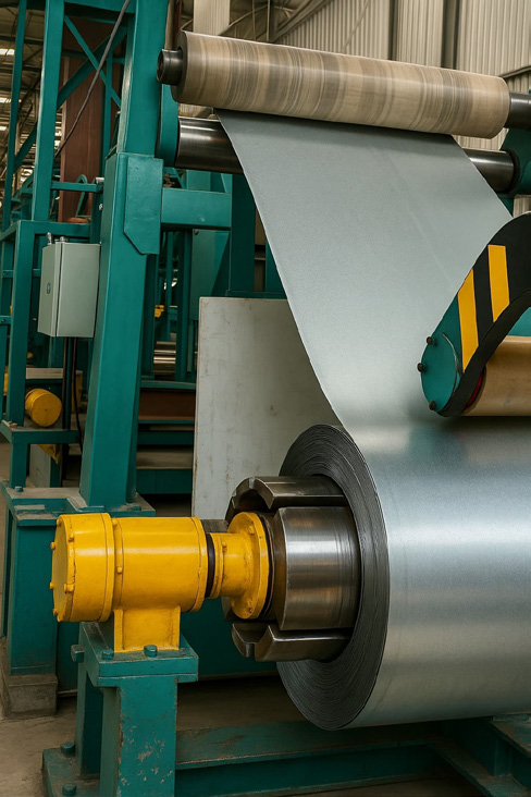 Pre-Painted Galvanized Iron (PPGI) 2 Uncoiling a blue PPGI steel coil on industrial machinery